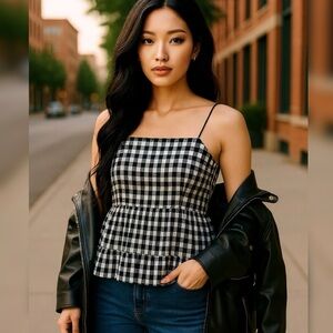 Black and White Gingham Cami w/ Ruffle Hem, Small